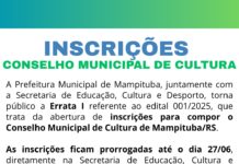 Errata I referente ao edital 001/2025, que trata da abertura de inscrições para compor o Conselho Municipal de Cultura de Mampituba/RS